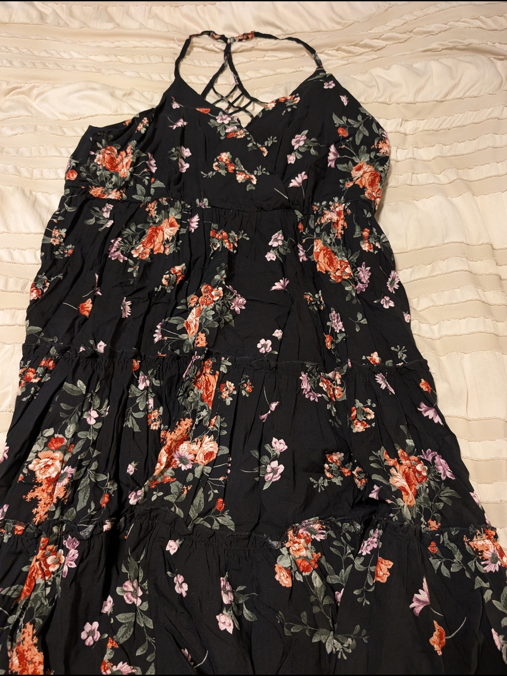 Maurices Black Floral Maxi Dress with Red and Pink Blooms